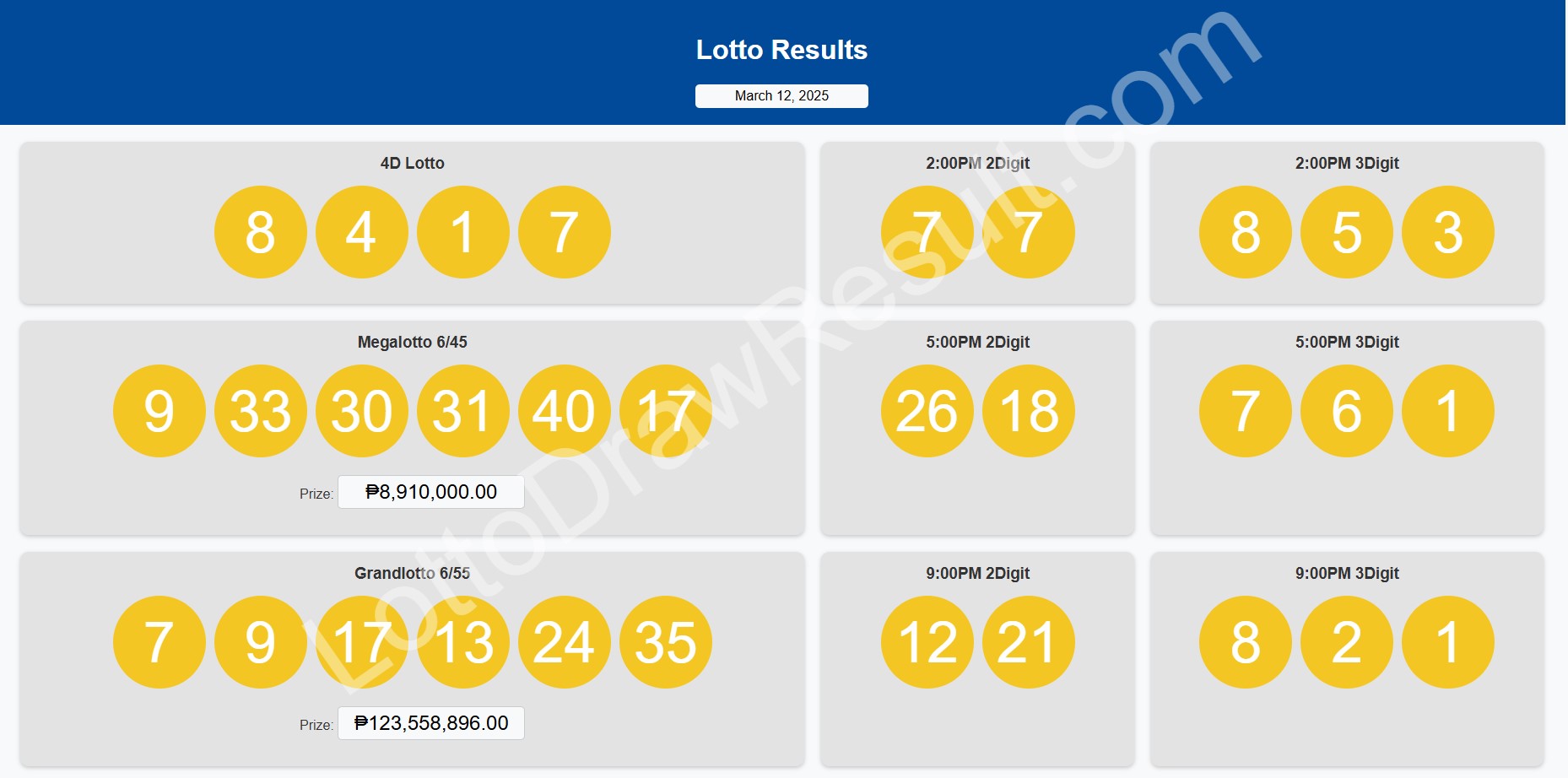 March 12, 2025 Wednesday Megalotto 6/45 & Grandlotto 6/55 Winning Numbers